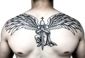 Soldier Angel with long sword kneeling looking down cloak over head wings spread tattoo idea, upper chest tattoo idea