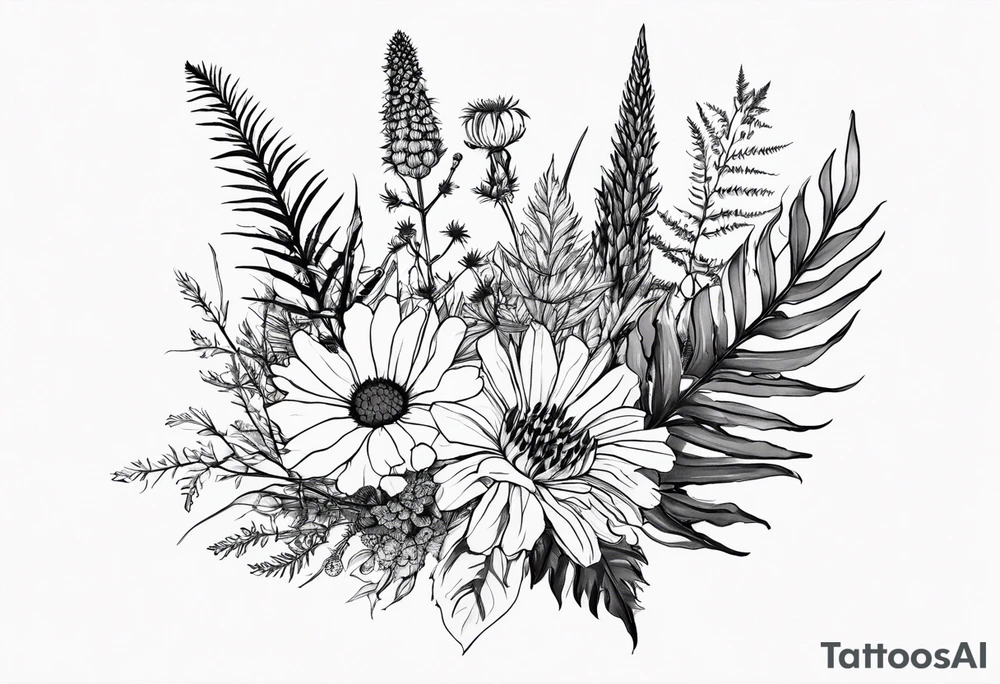 spread out mixed wildflower bouquet with ferns, thistle and with rcolor tattoo idea