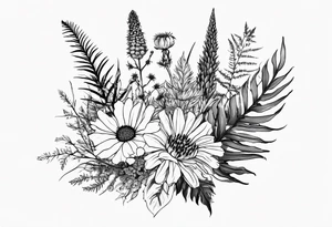 spread out mixed wildflower bouquet with ferns, thistle and with rcolor tattoo idea