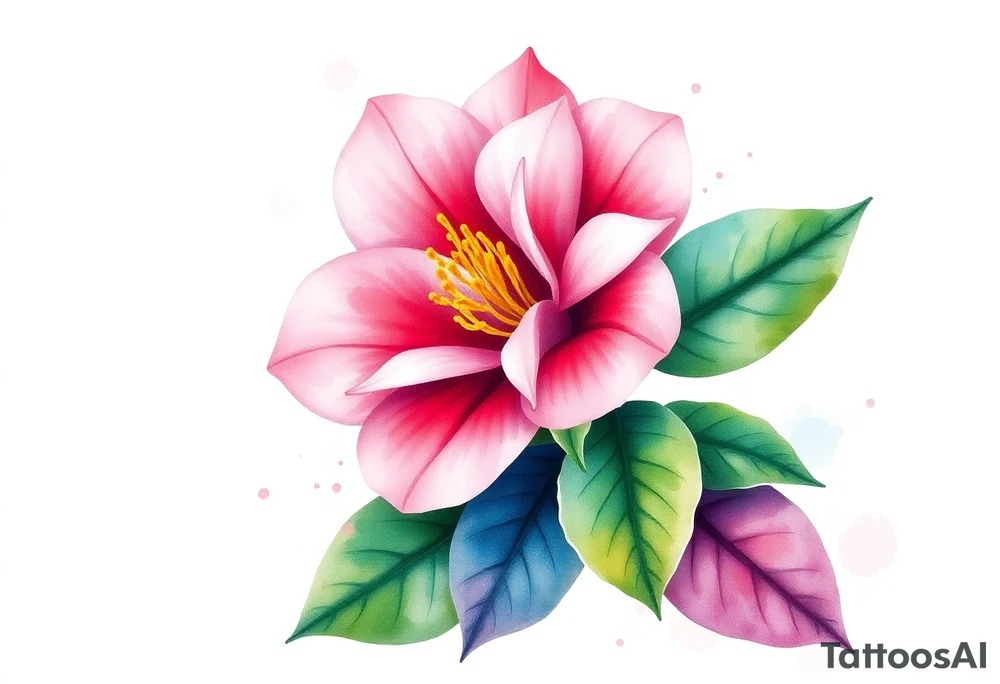 pink camelia flower with leaves and stem tattoo idea