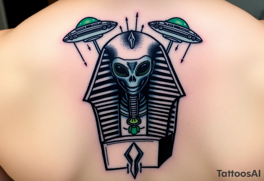 "Pharaoh's sarcophagus opening to reveal a grey alien. Floating UFOs are shaped Impalas (lowrider style).  

Style: Neo-traditional tattoo with glitch effects. Colors: turquoise/black/neon green." tattoo idea