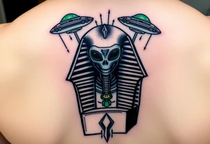 "Pharaoh's sarcophagus opening to reveal a grey alien. Floating UFOs are shaped Impalas (lowrider style).  

Style: Neo-traditional tattoo with glitch effects. Colors: turquoise/black/neon green." tattoo idea