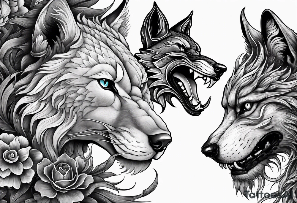 three animal heads merged. On the left chinese dragon head, in the middle feline cat head, on the right wolf head tattoo idea