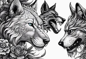 three animal heads merged. On the left chinese dragon head, in the middle feline cat head, on the right wolf head tattoo idea