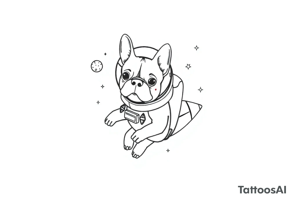 a space themed tattoo of my french bulldog mars. include elements in space like planets and stars. mars should be depicted as a astronaut in a spaceship flying through space tattoo idea