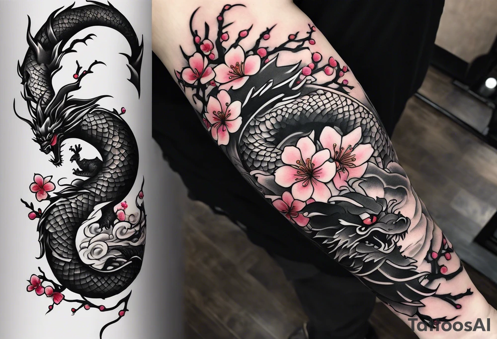 Japanese cherry blossoms dragon minimalist forearm tattoo idea