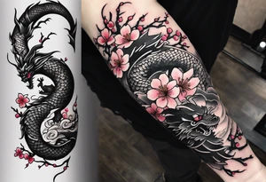 Japanese cherry blossoms dragon minimalist forearm tattoo idea