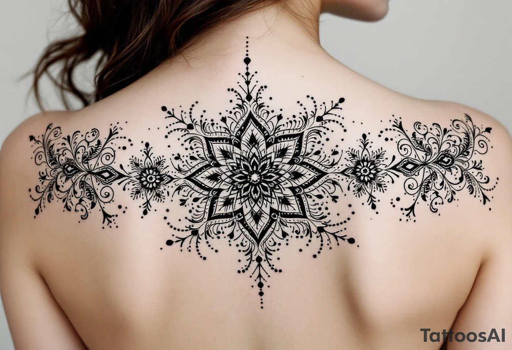 tattoo design with symmetrical ornamental patterns, combining dotwork, mandala elements, and flowing lines that follow the natural curves of the body. The design is intricate and balanced.” tattoo idea