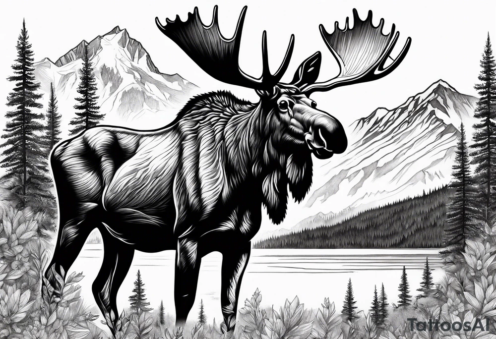 moose with mountain in the background tattoo idea