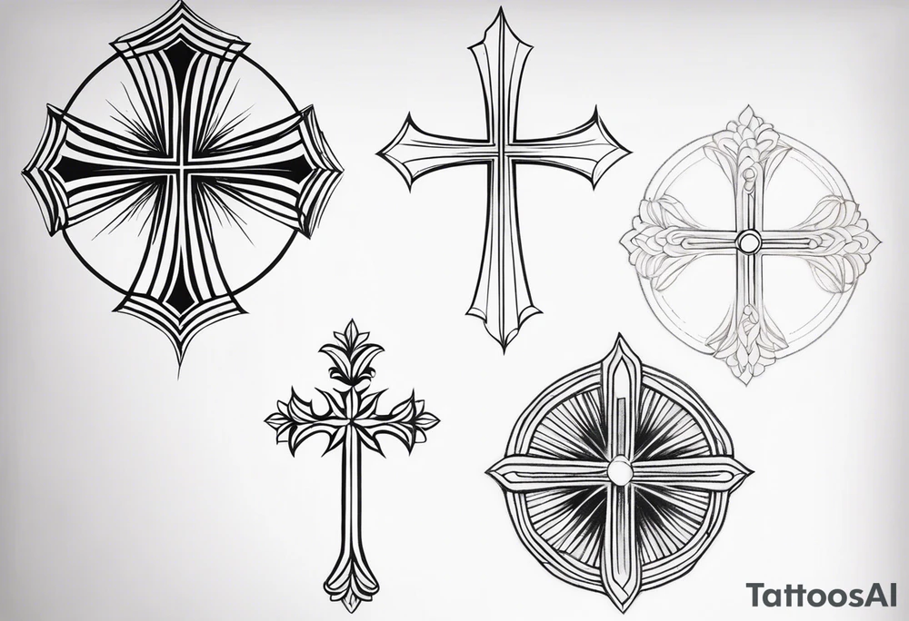 Tattoo: A refined cross with a soft halo on top of it, symbolizing light and spirituality. Delicate rays extend outward from the halo, adding a subtle glow and depth. The cross itself is simple and elegant, with potential for small, intricate line details within the design. tattoo idea