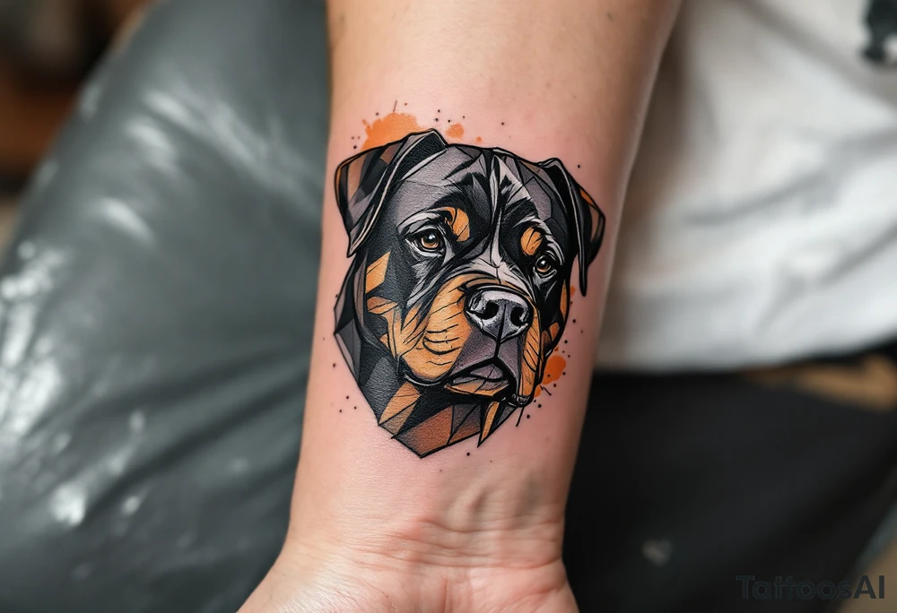 Geometric Rottweiler Head – A stylized Rottweiler head with clean black geometric lines and a splash of dark orange and tan watercolor accents. tattoo idea