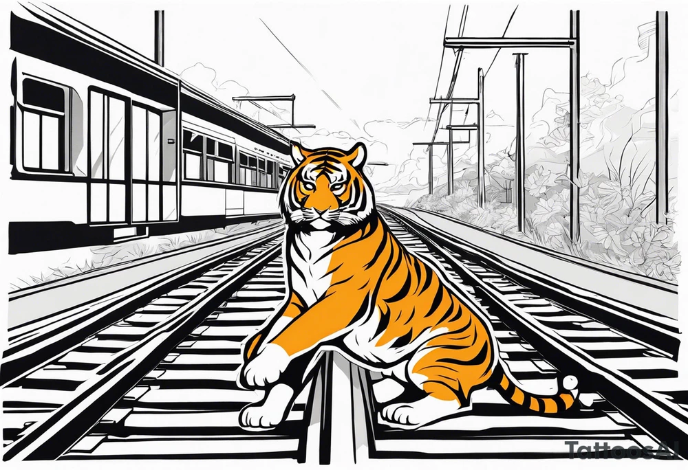 Bells cracming train track in the middle with a girl wearing tiger mask tattoo idea
