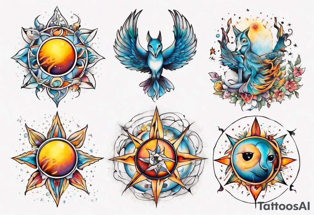 fisch, fuchs und eule , symetrie  sonne, universum, bunt, " sapere aude" tattoo idea