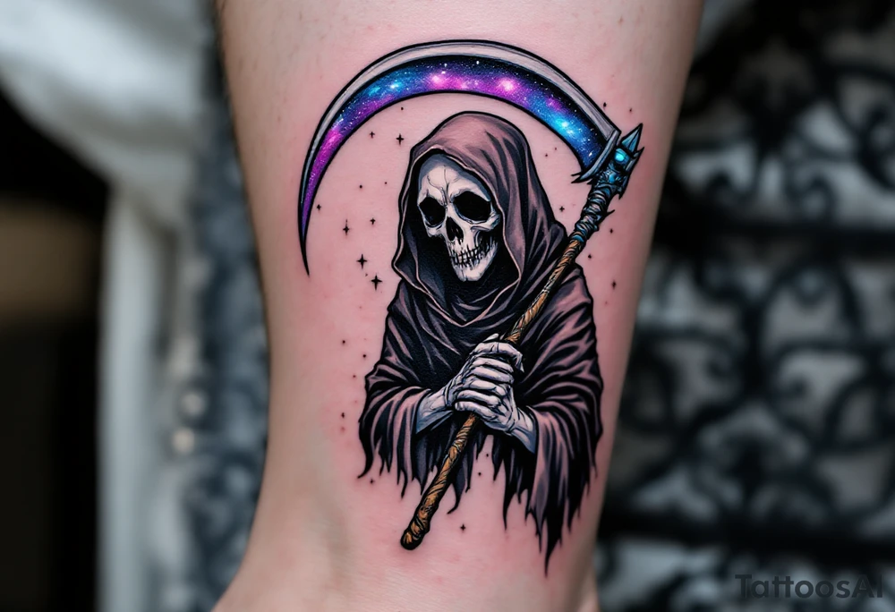 A cosmic-themed Grim Reaper holding a scythe with a galaxy blade in deep purples and blues. tattoo idea