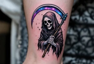 A cosmic-themed Grim Reaper holding a scythe with a galaxy blade in deep purples and blues. tattoo idea