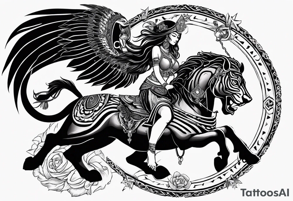 black kali, goddess pirate, alien, angel, pachamama, valkrye, warrior, flying, skull, lotus azul, wing, eagle, zenza resonance, stars, 5D, anahata chakra, death, durga, riding on a tiger, flying lady tattoo idea
