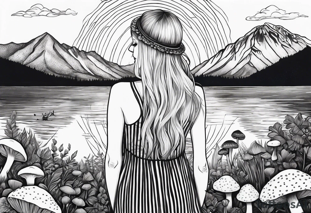 Straight blonde hair girl holding mushrooms in hand facing away toward mountains surrounded by mushrooms circular design black and white striped dress tattoo idea
