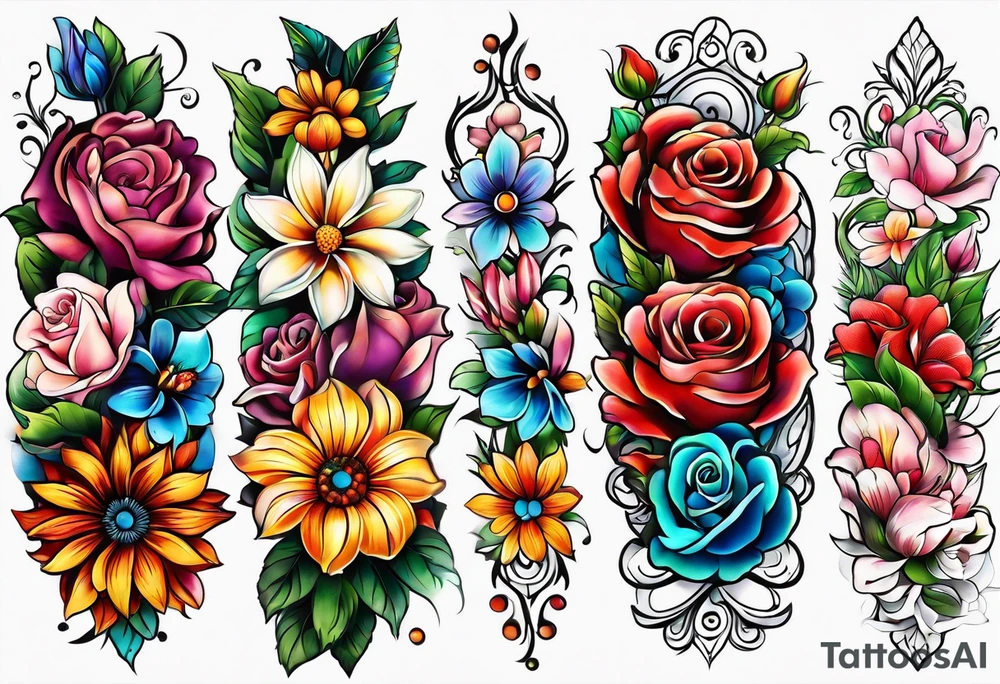 Colorful flower sleeve tattoo idea