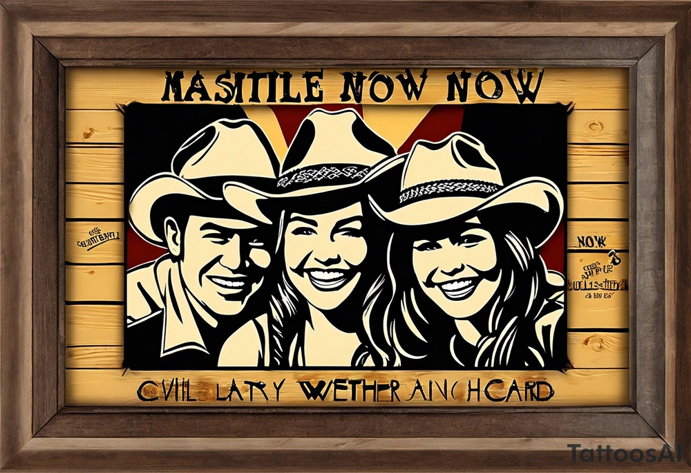 Smile now cry later to resemble cowboy/girl faces—one smiling with a cowboy hat and the other crying with a bandana or cowboy hat tilted downward? Framed with a rope or barbed wire design and include rustic lettering for the phrase “Smile Now, Cry Later,” perhaps resembling old western signage or branding irons. tattoo idea