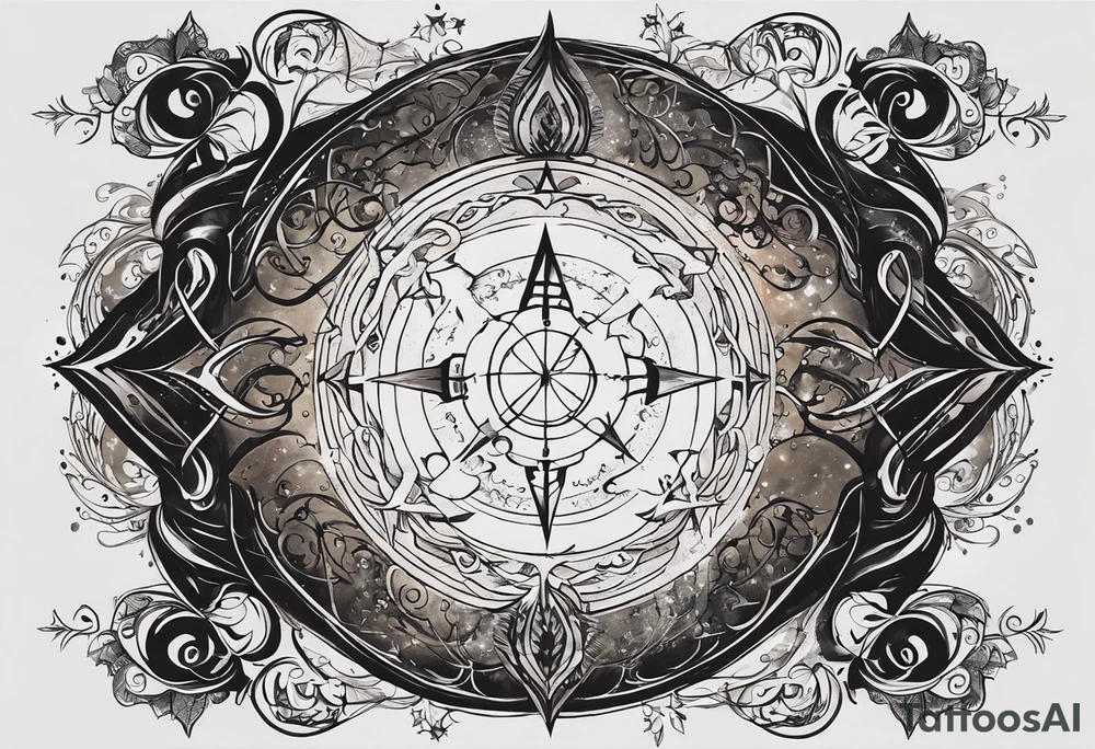 Here's the translation of the request into English:

Create a sketch for a male tattoo that reflects the concept of life purpose and spiritual growth. The tattoo should symbolize the idea of a higher plan assigned to a person before birth, and the path of spiritual realization. Include elements that personify the Universe, higher powers, or divine origin. The image should convey forward movement along life's path and ascension to a higher level of consciousness. The tattoo style should be masculine and philosophical, suitable for placement on the shoulder, forearm, or chest. tattoo idea