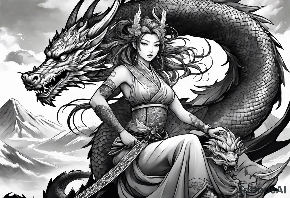 warrior beautiful fairy nymph with a full body with a sword and a full dragon with a mountain with clouds and a Japanese building background tattoo idea