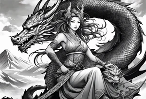 warrior beautiful fairy nymph with a full body with a sword and a full dragon with a mountain with clouds and a Japanese building background tattoo idea