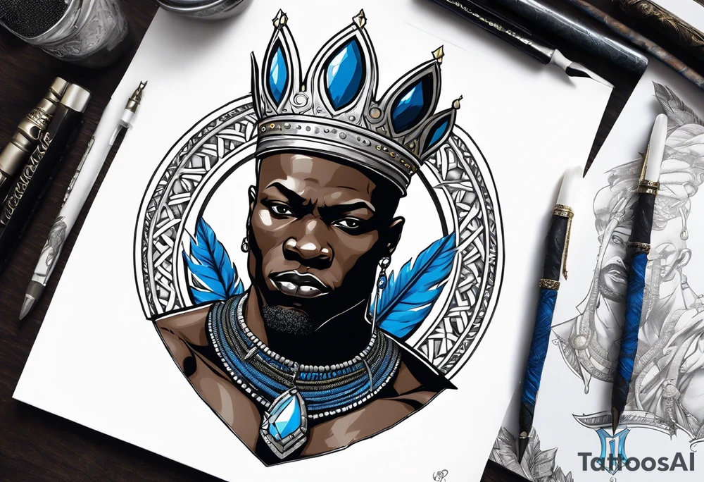 Black-skinned bald african warrior king with a simple silver crown. He uses blue necklaces and has a sword tattoo idea