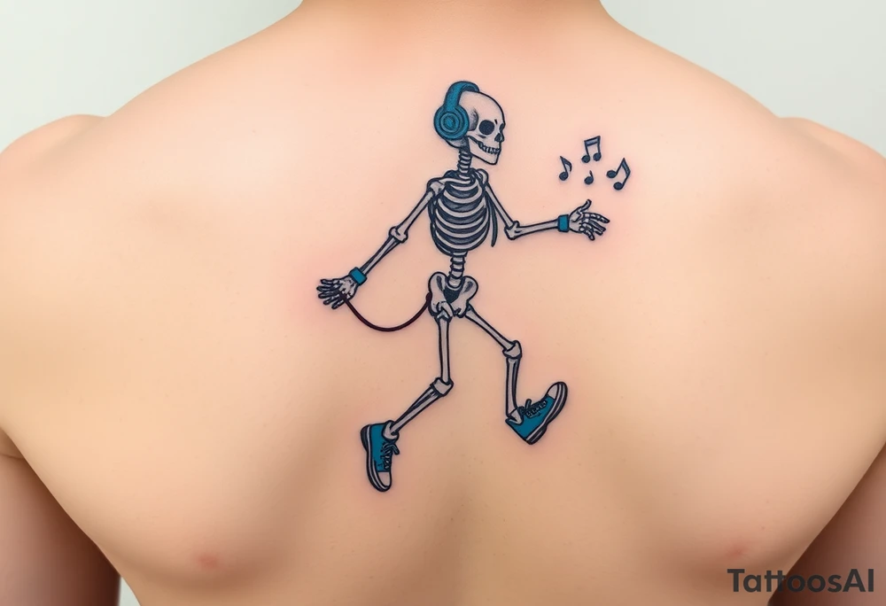 Minimalist young skeleton skipping on a jumping rope with blue headphone blue tennis shoes blue arm bands and music notes tattoo idea