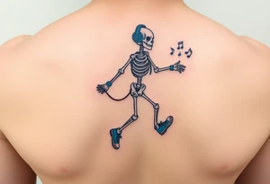 Minimalist young skeleton skipping on a jumping rope with blue headphone blue tennis shoes blue arm bands and music notes tattoo idea