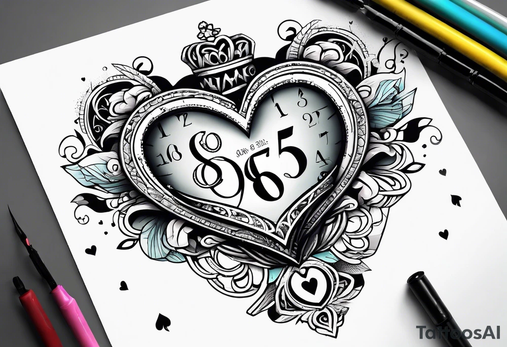 Heart with words Never Say Never and numbers 8 and 5 tattoo idea