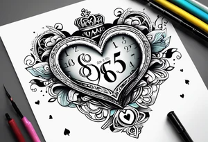 Heart with words Never Say Never and numbers 8 and 5 tattoo idea