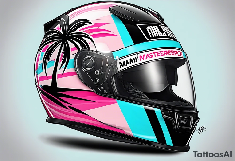 Formula 1 helment with the Miami name a palm tree and light blue black and pink colors tattoo idea