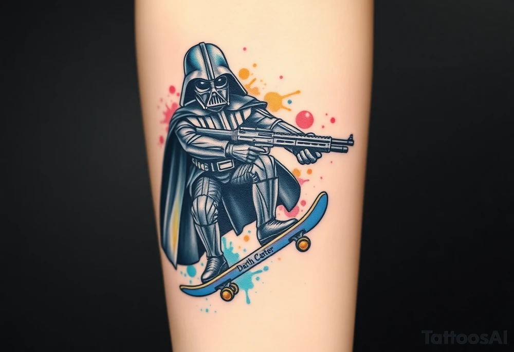 Darth Vader skateboarding with gun> bullets > memorial > god > colors > futuristic/space/star wars
add name "Darth Carter" on skateboard
add date 12/29/88-01/06/24 tattoo idea