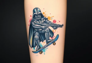 Darth Vader skateboarding with gun> bullets > memorial > god > colors > futuristic/space/star wars
add name "Darth Carter" on skateboard
add date 12/29/88-01/06/24 tattoo idea