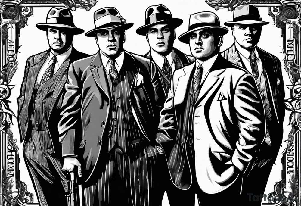 group of gangsters standing together including Al Capone, John Dillinger, Machine Gun Kelley, Bonnie and Clyde along with tommy guns tattoo idea