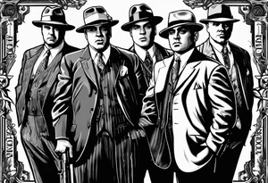 group of gangsters standing together including Al Capone, John Dillinger, Machine Gun Kelley, Bonnie and Clyde along with tommy guns tattoo idea