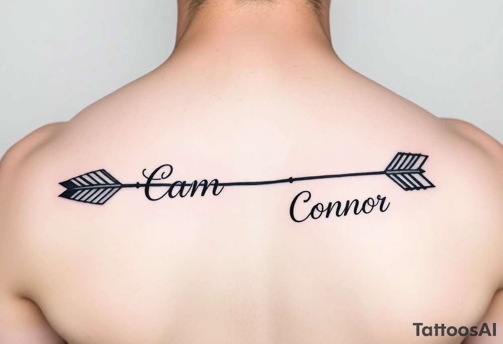 1 fancy feminine arrow that incorporates the name Cameron and another feminine arrow that incorporates the name Connor tattoo idea