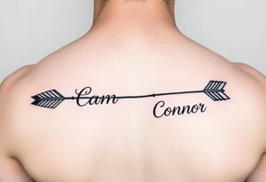 1 fancy feminine arrow that incorporates the name Cameron and another feminine arrow that incorporates the name Connor tattoo idea