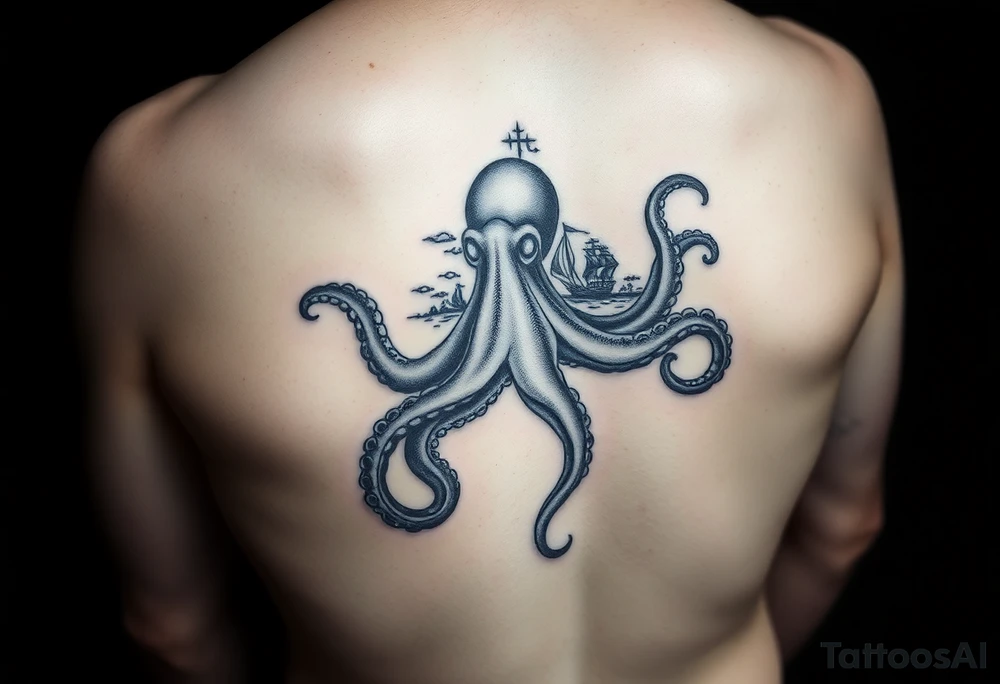 Octopus with ship and sea background tattoo idea