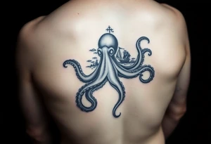 Octopus with ship and sea background tattoo idea