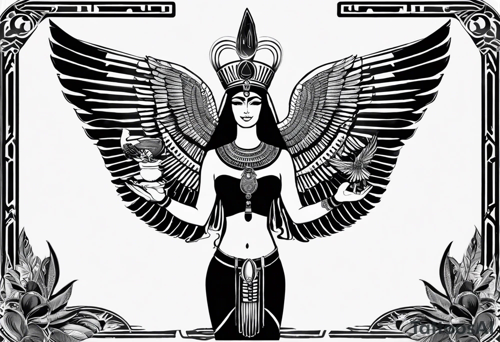 black and white Egyptian goddess Isis, who is often depicted as a woman with outstretched wings, holding an ankh (a symbol of life) in one hand and a lotus flower in the other. Her headdress often includes a throne or a solar disk. The tattoo design can vary in style and size, but it typically aims to capture the essence of this revered Egyptian deity, emphasizing her beauty, power, and maternal qualities. The choice of colors and additional elements can also be customized to create a unique and visually striking representation of the goddess Isis tattoo idea