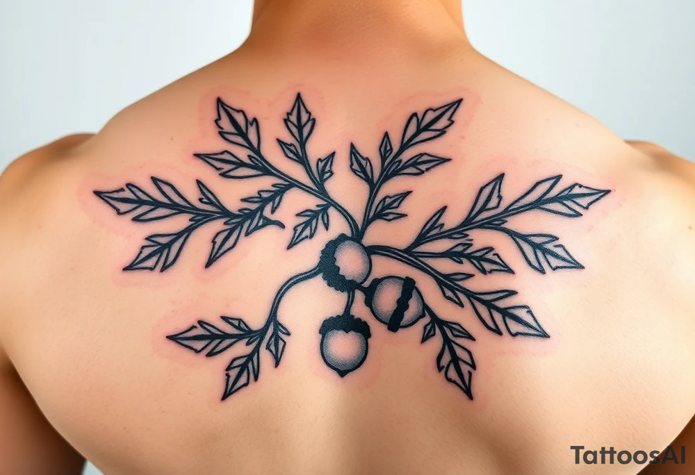 oak branch with thick leaves and acorns tattoo idea