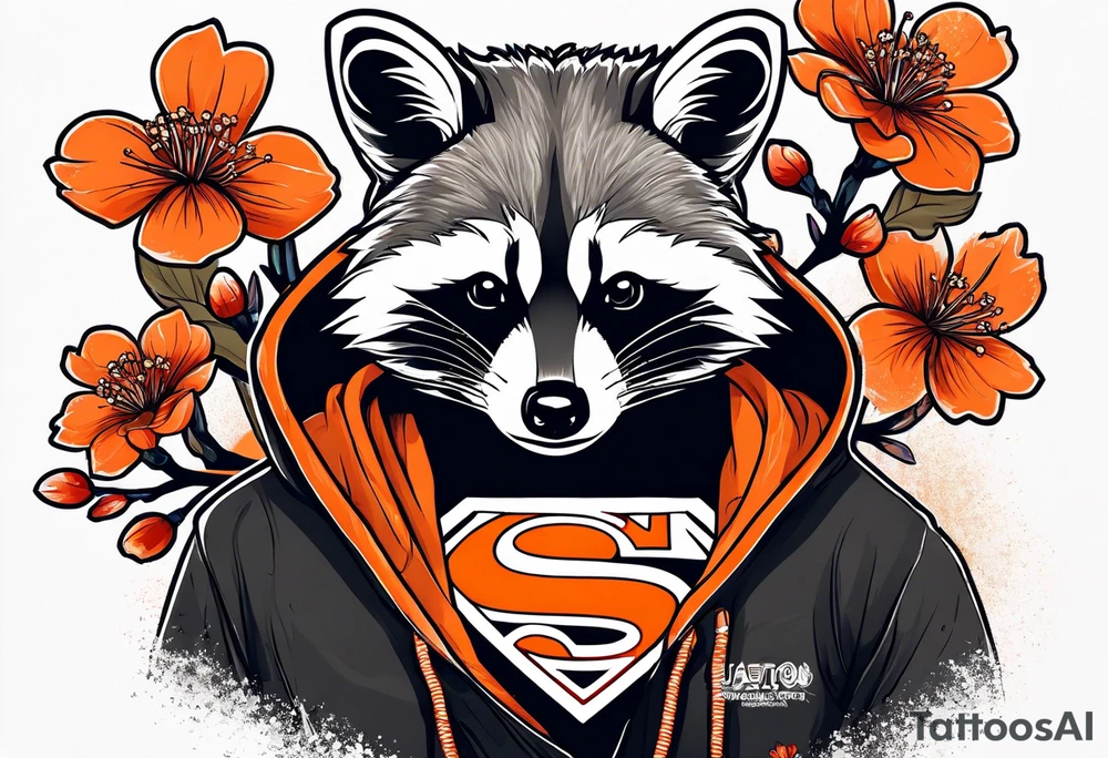 Raccoon wearing a white Superman logo on a black hoodie and orange Japanese cherry blossoms beside tattoo idea