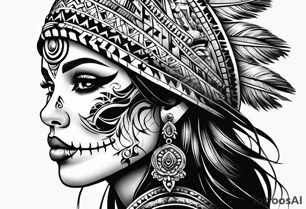 Aztec princess side profile day of the dead tattoo idea