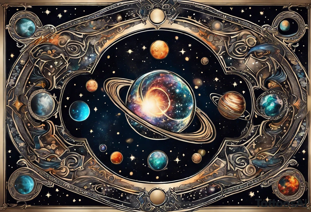 A tattoo featuring a cosmic scene with planets, black holes, and supernovae intertwined with intricate linguistic symbols, reflecting the client's interests in cosmology and linguistics. tattoo idea