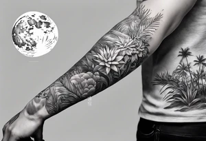 full sleeve tattoo, jungle plants, ocean, moon tattoo idea