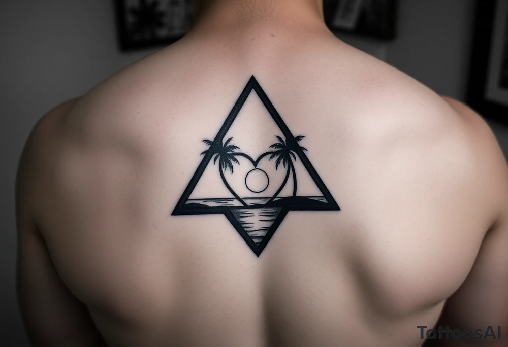 A triangle with a heart in the center and a ocean with palm trees in background tattoo idea