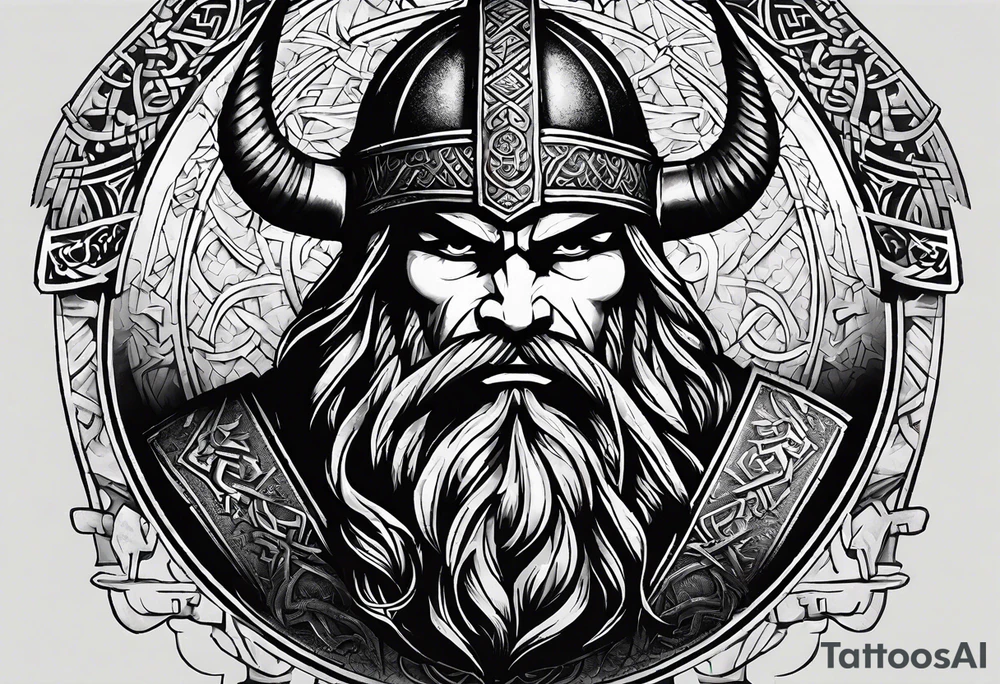 Viking theme in a half circle going from under the pectoral muscle to the hip. like Baldur from God of War 4. Stippling shading and runes. tattoo idea
