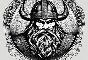 Viking theme in a half circle going from under the pectoral muscle to the hip. like Baldur from God of War 4. Stippling shading and runes. tattoo idea