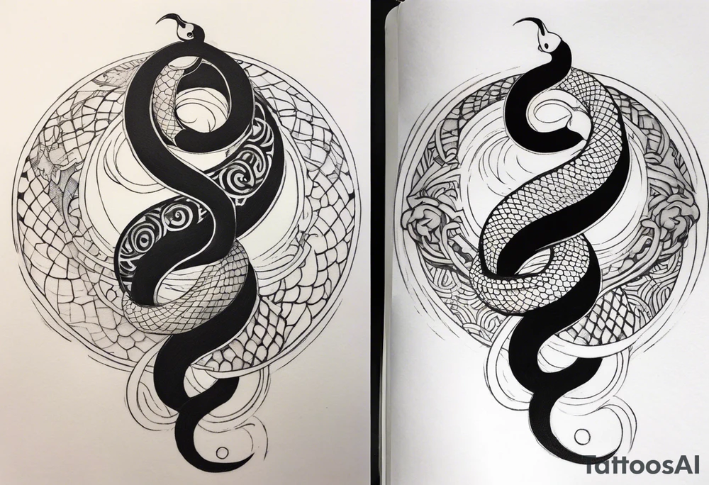 Snake tattoo for placement along the spine in japanese style where the head is positioned at the bottom end of my spine to symbolise a journey of healing and transformation with reference to ying yang tattoo idea